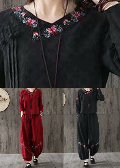 Black Jacquard Cotton Two Piece Set Clothing Embroideried Oriental Button Spring