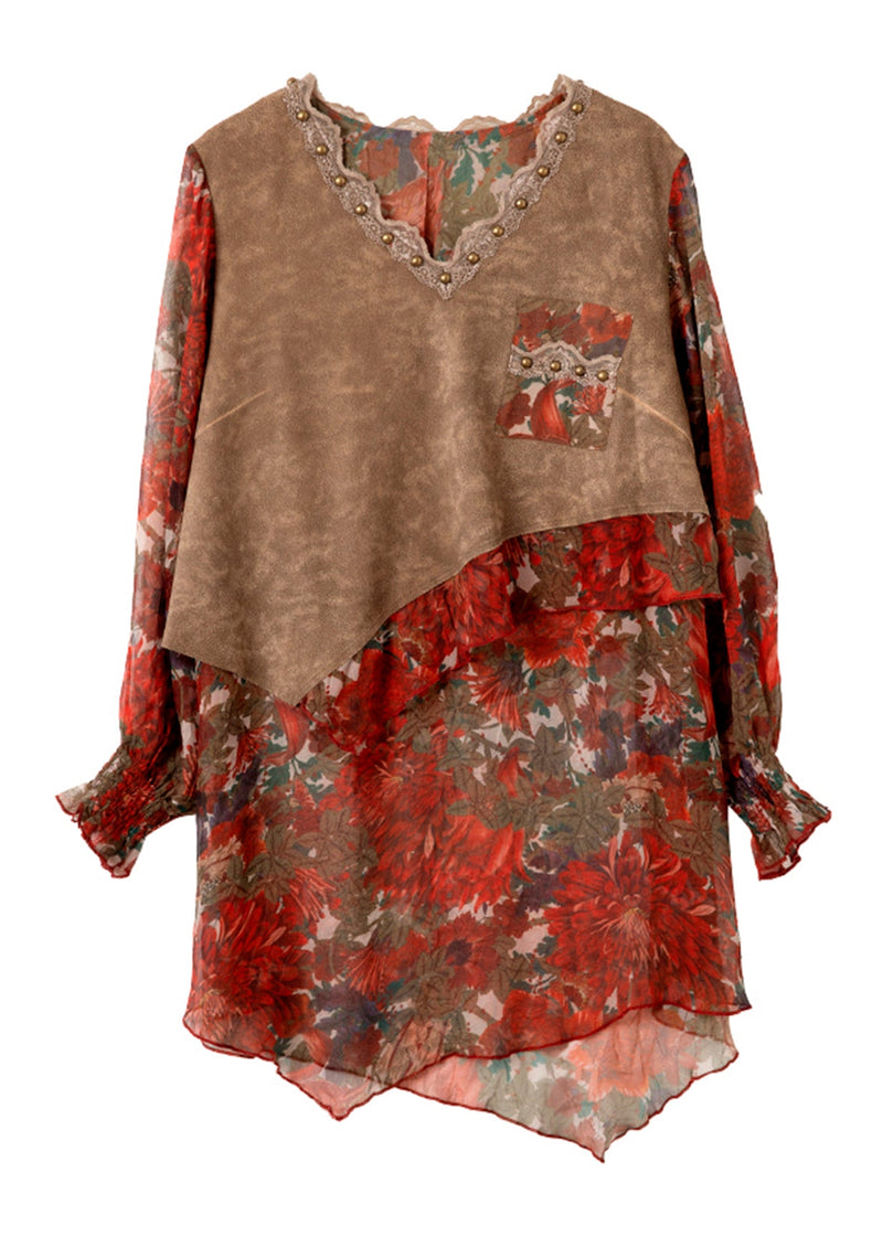 Fitted Red V Neck Print False Two Pieces Chiffon Shirts Spring