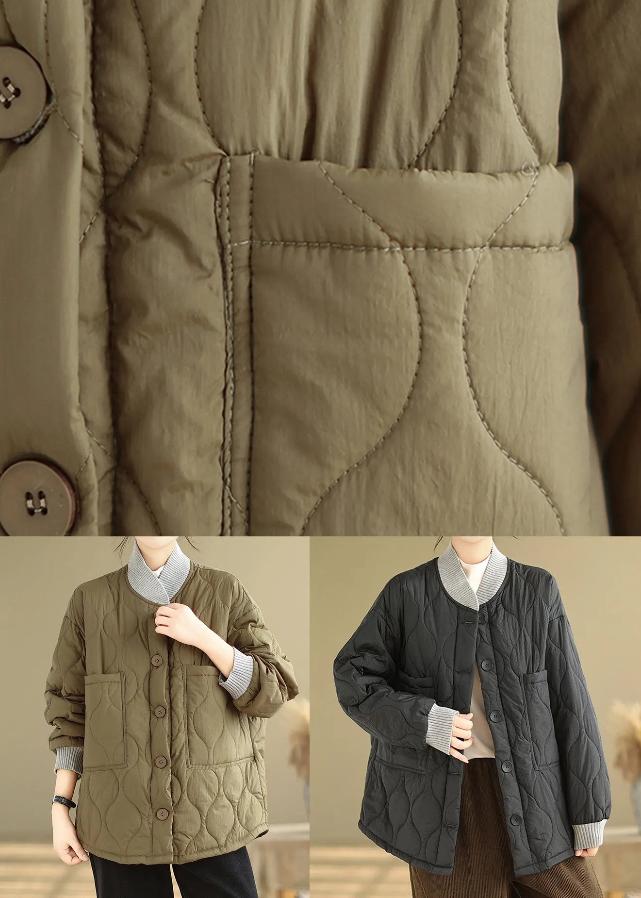 Black Pockets Button Fine Cotton Filled Jacket Winter