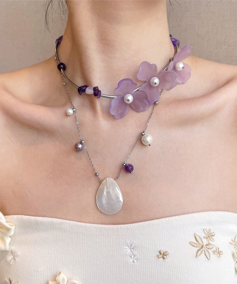 Purple Pearl Shell Alloy Two Piece Set Pendant Necklace