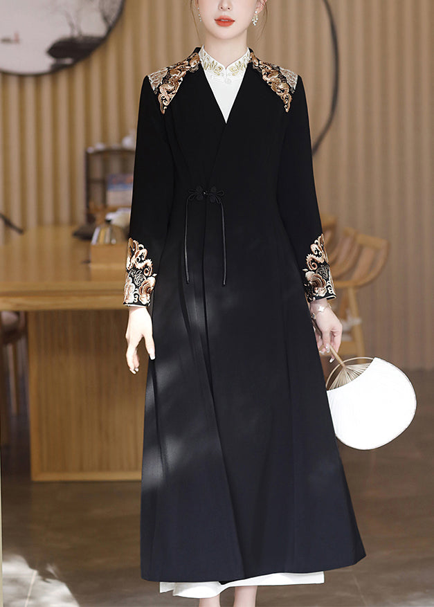 Black V Neck Embroideried Button Satin Trench Coats Fall