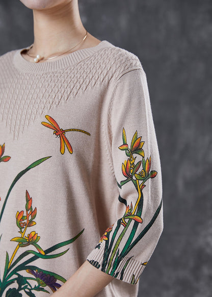 Diy Beige Oversized Print Knitted Tops Spring