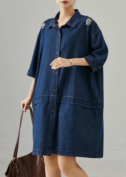 Navy Oversized Patchwork Denim Ripped Dresses Summer