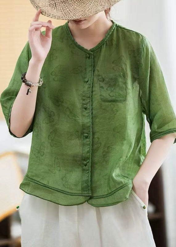 Green Butterfly Print Patchwork Linen Blouse Tops Half Sleeve