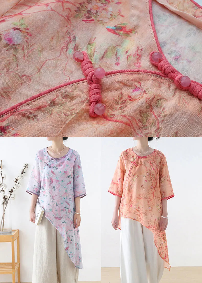 Orange Red O-neck Print Linen Shirt Top Half Sleeve