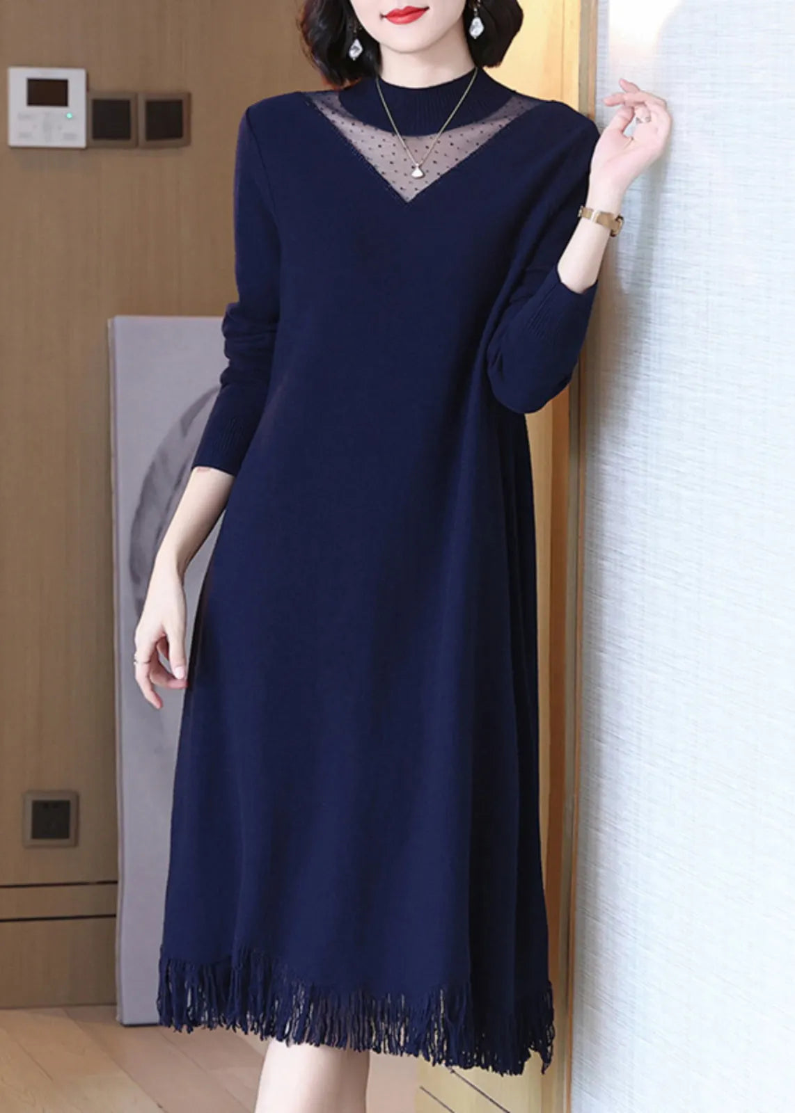 Navy O-neck Tasseled Wool Knit Dress Long Sleeve