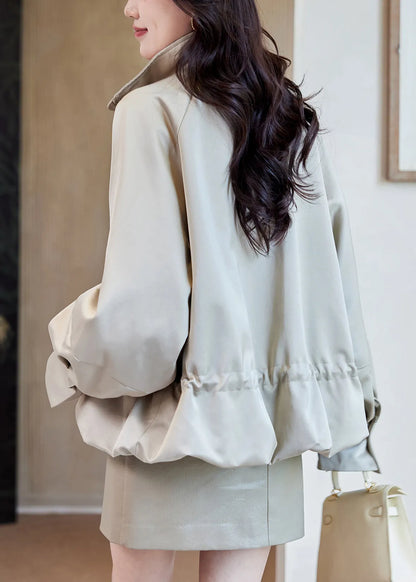 Loose Light Khaki Stand Collar Zippered Drawstring Cotton Coats Fall
