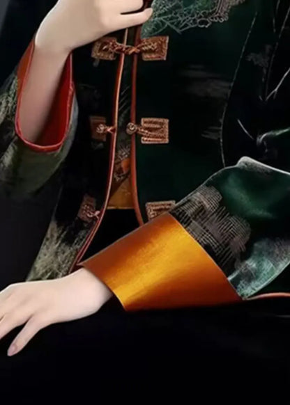Top Quality Green Embroideried Button Patchwork Silk Coat Fall