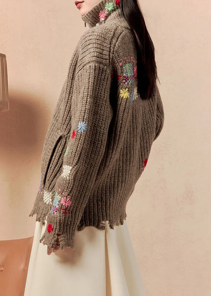 Coffee Zip Up Hole Pockets Cotton Knit Coats Winter
