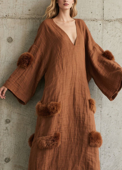 Style Brown V Neck Fuzzy Fur Patchwork Cotton Dress Fall
