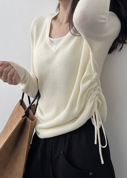 French Apricot V Neck Cinched Knit T Shirts Top Fall
