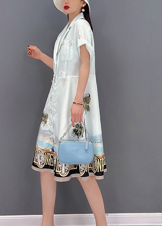 White Button Peter Pan Collar Pockets Print Silk Shirt Dress Short Sleeve
