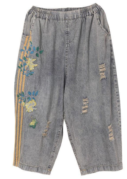 Black Grey Elastic Waist Embroideried Jeans Pants