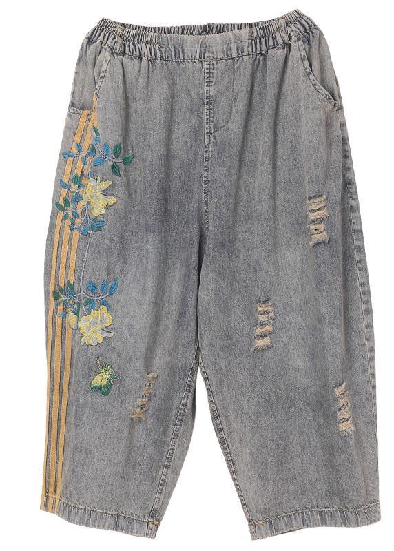 Black Grey Elastic Waist Embroideried Jeans Pants