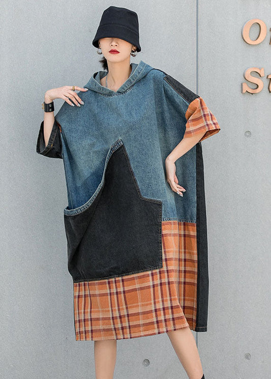 Blue Hooded Patchwork Plaid Pockets Fall Denim Dresses Half Sleeve
