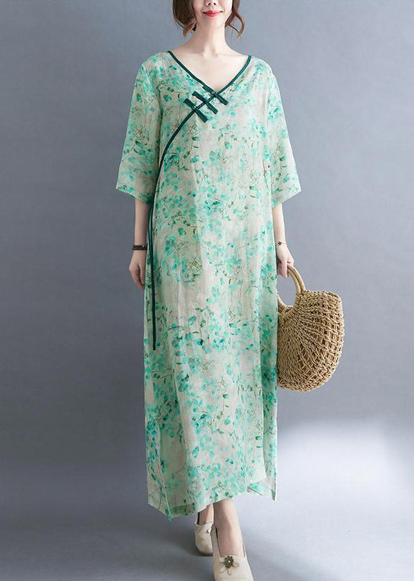 V Neck Print Button Side Open Holiday Dress Three Quarter Sleeve