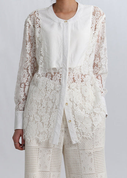 White Button Hollow Out Lace Blouses Spring