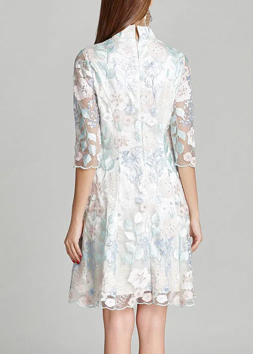 White Stand Collar Embroidered Silk Mid Dresses Summer