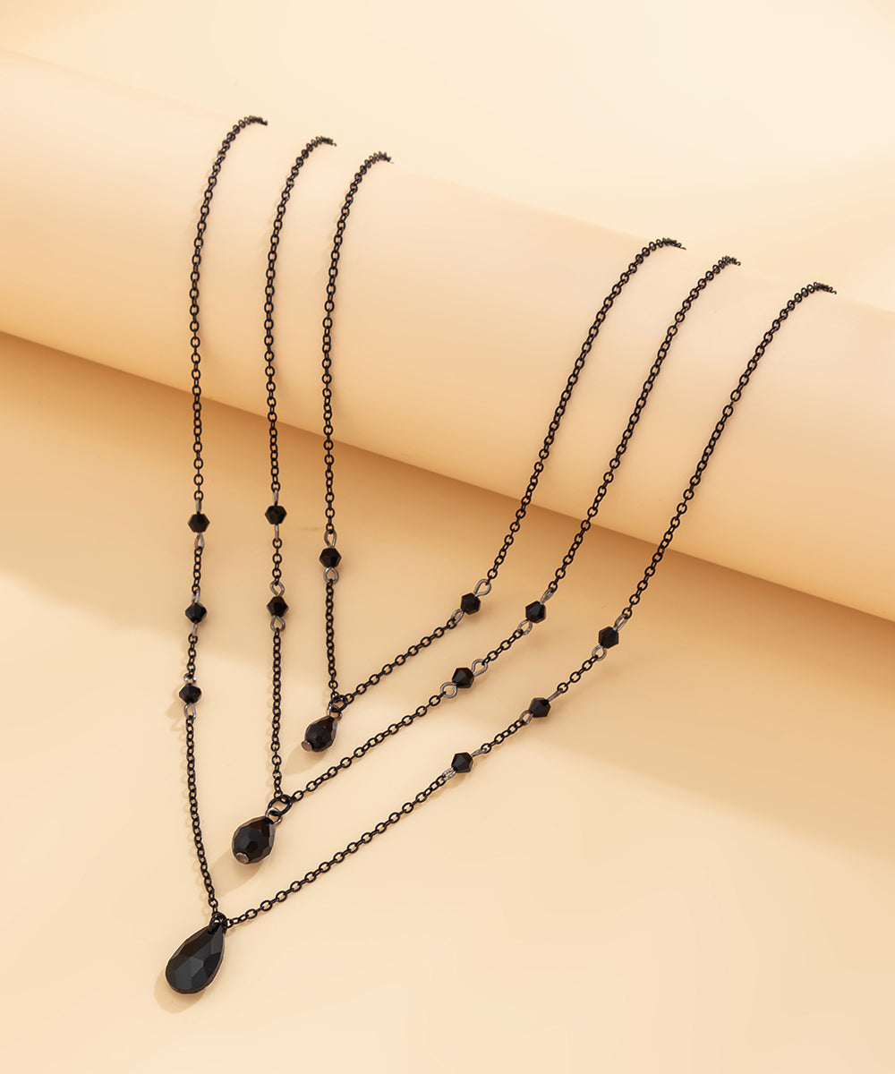 Diy Black Metal Crystal Tassel Three-piece Set Pendant Necklace