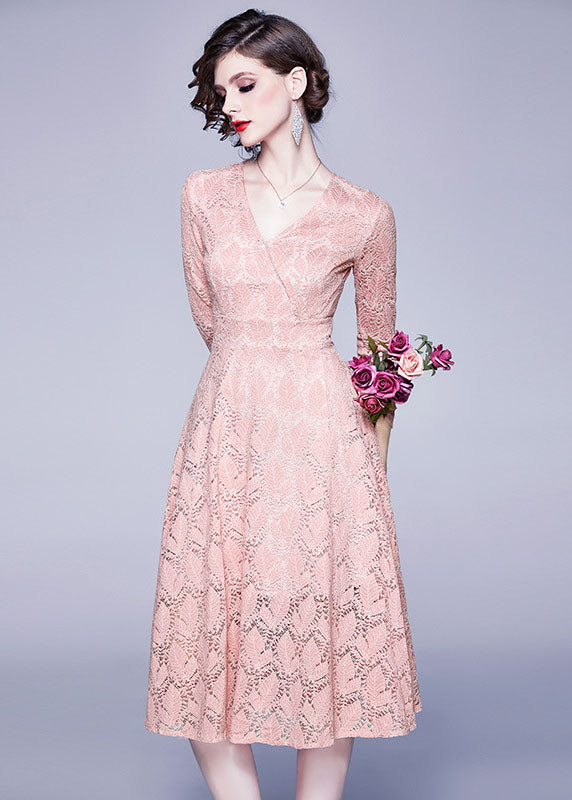 Pink V Neck Exra Large Hem Lace Dresses Bracelet Sleeve