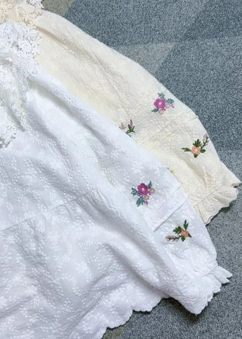 Beige Embroideried Lace Patchwork Cotton Shirt Spring