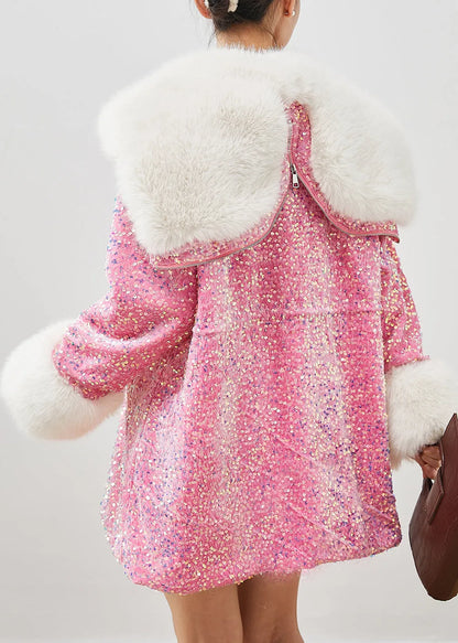 Pink Faux Fur Velour Hoodie Coat Outwear Sequins Drawstring Winter