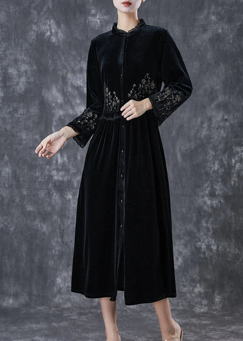 Black Embroideried Ruffled Silk Velour Dress Spring