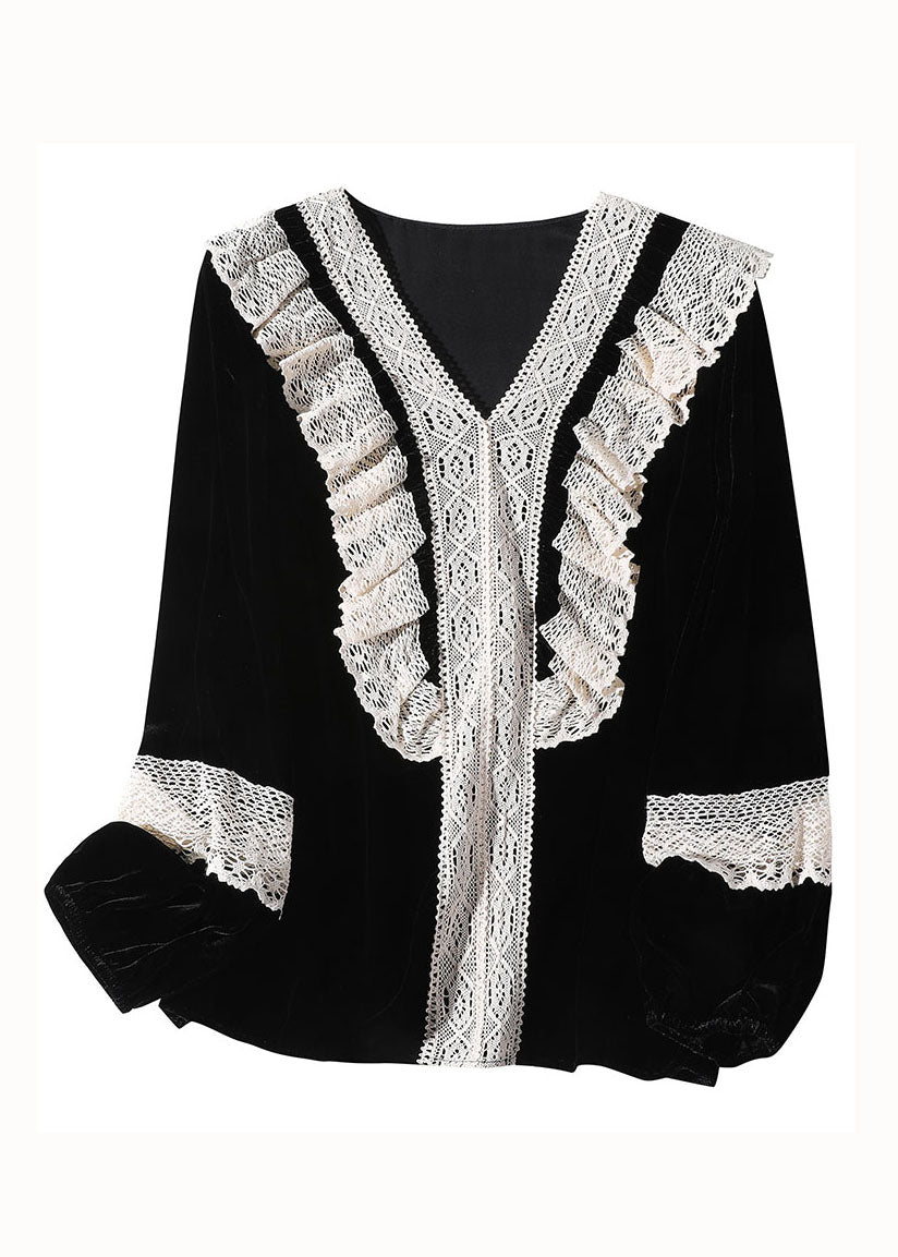 Black V Neck Lace Patchwork Silk Velour Top Spring