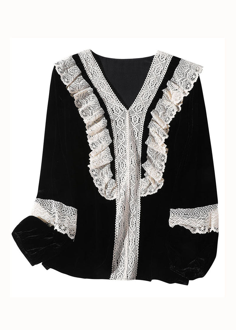 Black V Neck Lace Patchwork Silk Velour Top Spring