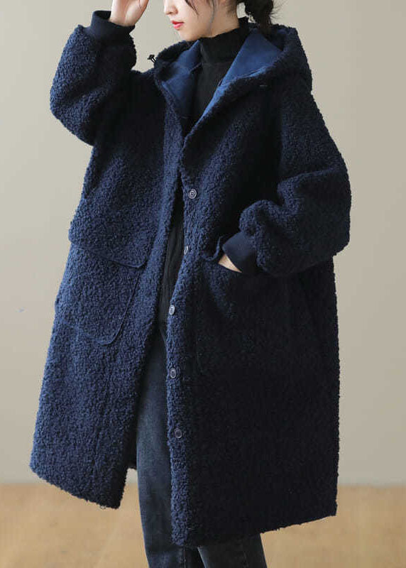 Coffee Button Pockets Warm Faux Fur Hooded Coat Long Sleeve Winter