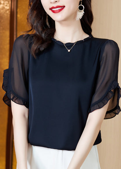 Boutique Navy O-neck Ruffled Chiffon Shirt Summer