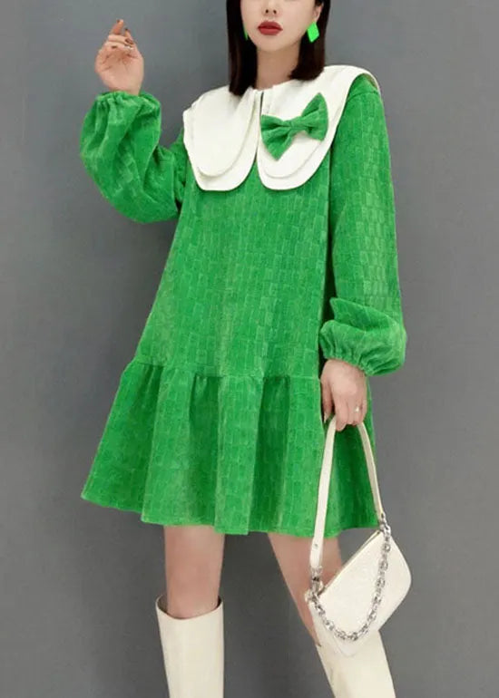 Green Peter Pan Collar Bow Plaid Velour Dresses Spring