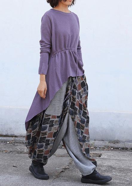 Purple Clothes O Neck Knitted Blouse Drawstring Asymmetric