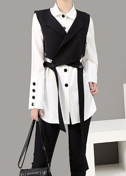 Loose Black Peter Pan Collar Button Shirt Vest Two Piece Suit Set Spring
