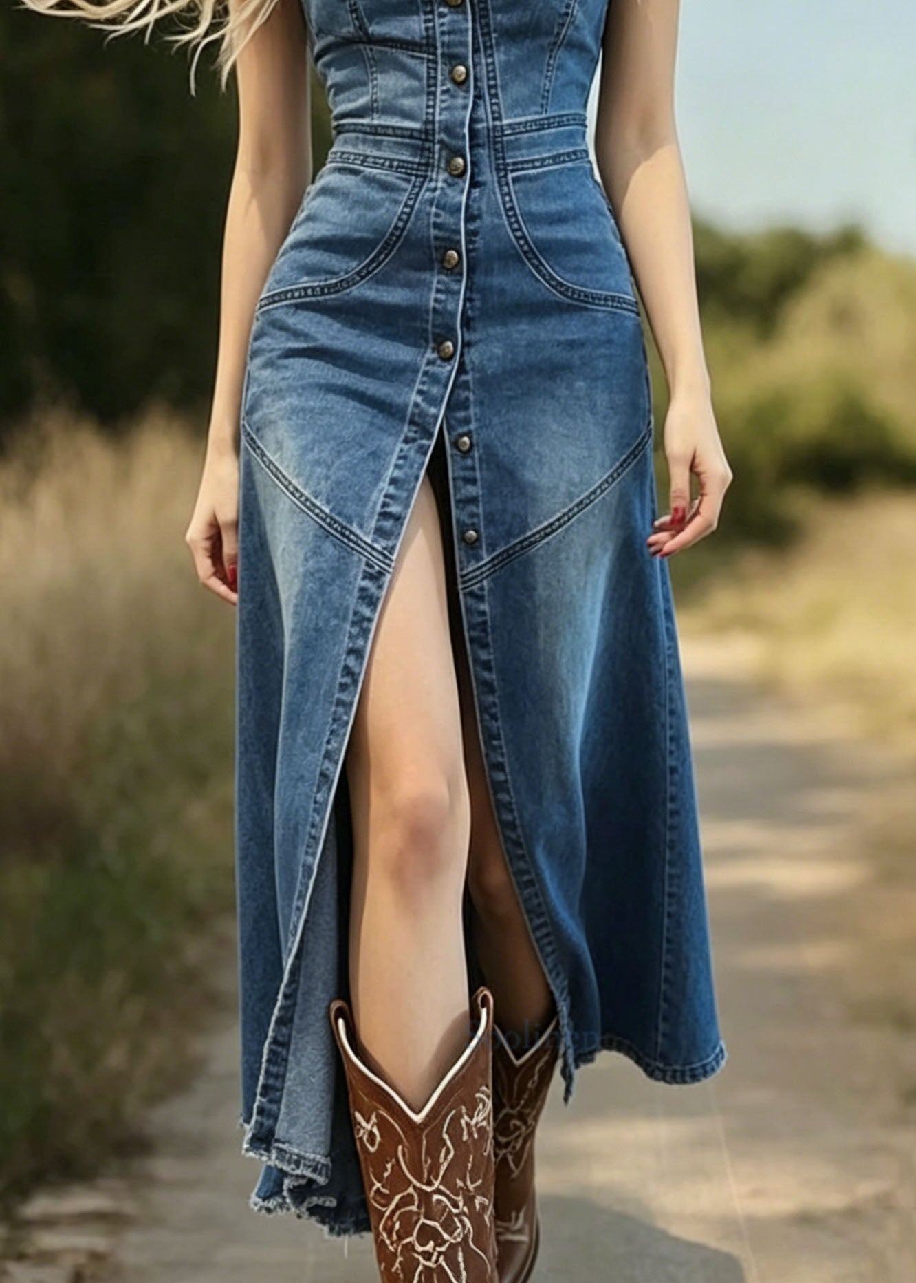 Blue Patchwork Side Open Denim Spaghetti Strap Dress Summer