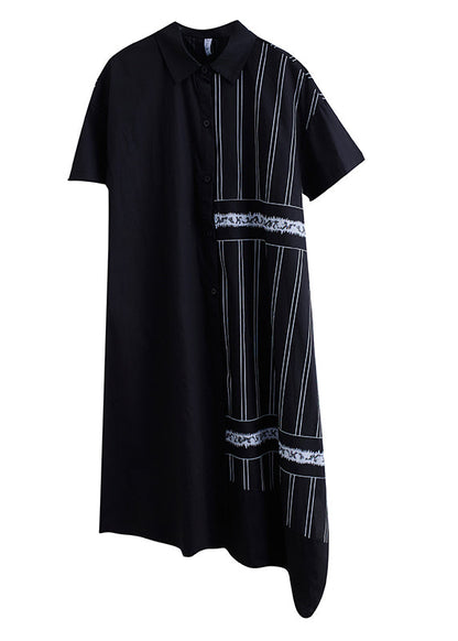 Black Peter Pan Collar Button Asymmetrical Side Open Dress Short Sleeve