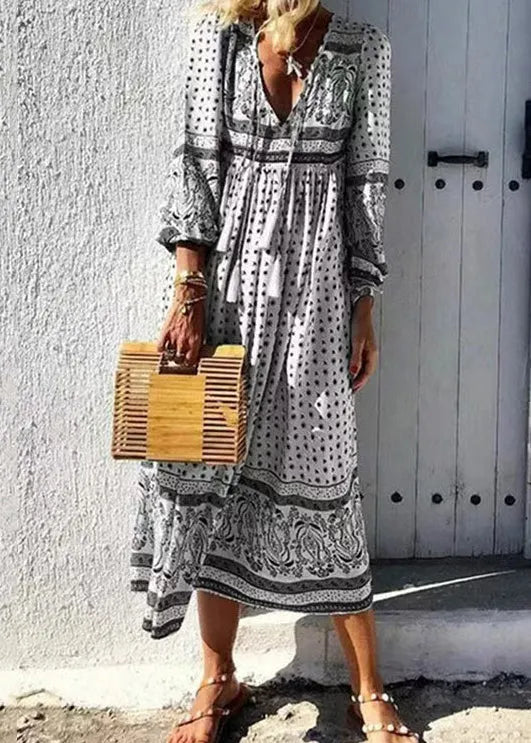 Red V Neck Print Lace Up Cotton Long Dresses Spring