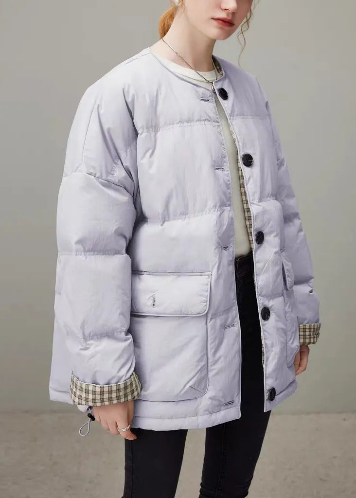 Loose Purple O Neck Plaid Button Duck Down Puffer Coat Winter