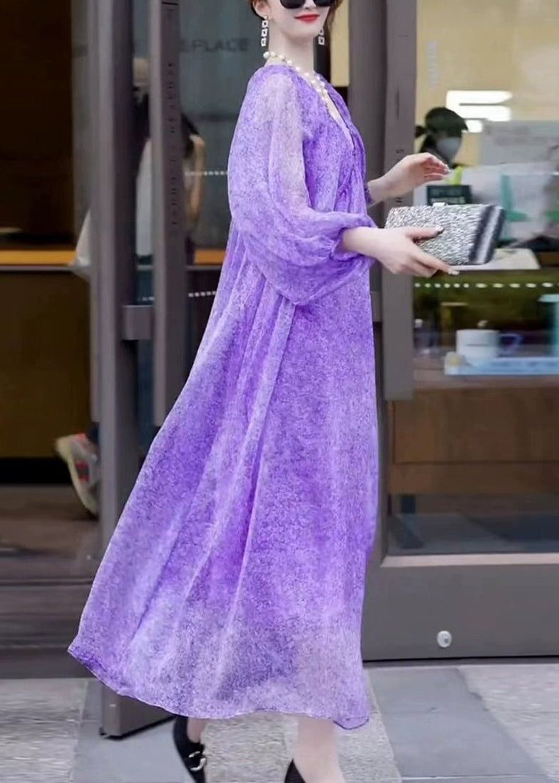 Purple V Neck Print Chiffon Long Dresses Lantern Sleeve