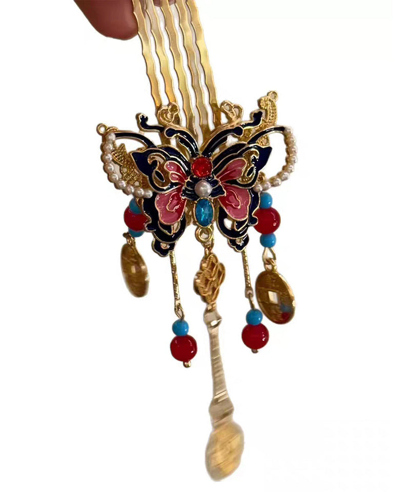Red Copper Alloy Butterfly Tassel Single Hairpin