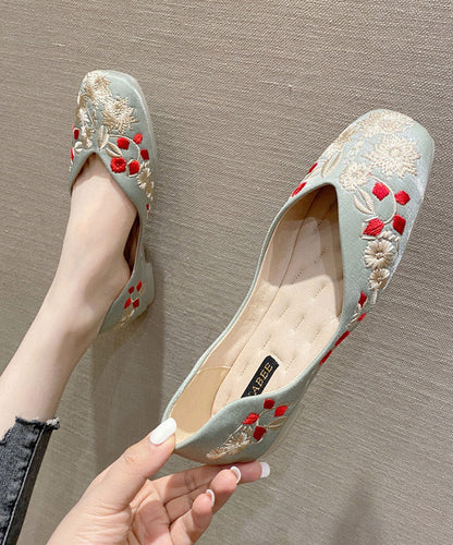 Green Embroider Flower Cotton Fabric Flat Feet Shoes