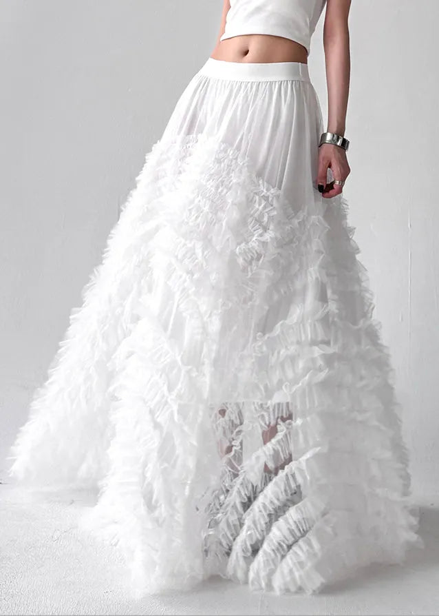 White Wrinkled Tulle a Line Skirts High Waist