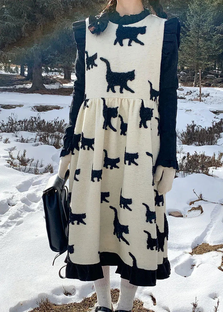 Classy Beige O-neck Bow Cats Print Wrinkled Ruffled Patchwork Woolen Long Dress Fall
