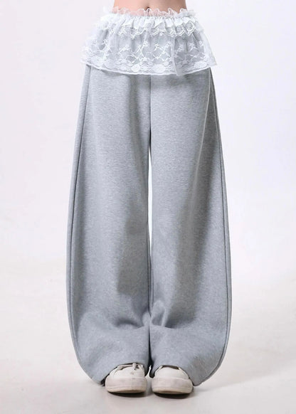 Grey Oversized Patchwork Lace Cotton Wide Leg Pants Spring