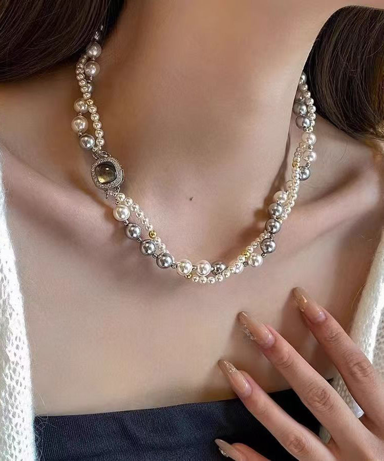 Colorblock Sterling Silver Zircon Double Layer Pearl Square Gratuated Bead Necklace