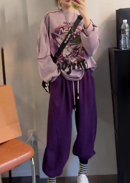Purple O-neck Print Pullover and Beam Pants Two Piece Set Fall
