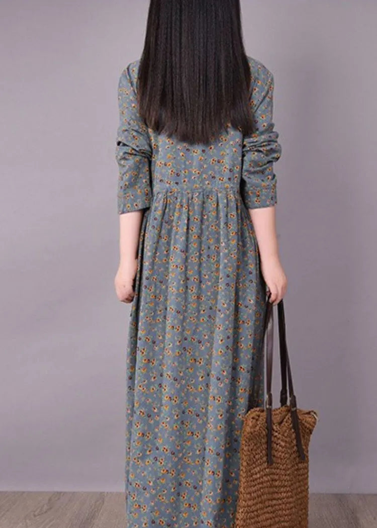 Grey Linen a Line Dresses Tie Waist Cinched Pocket Long Sleeve