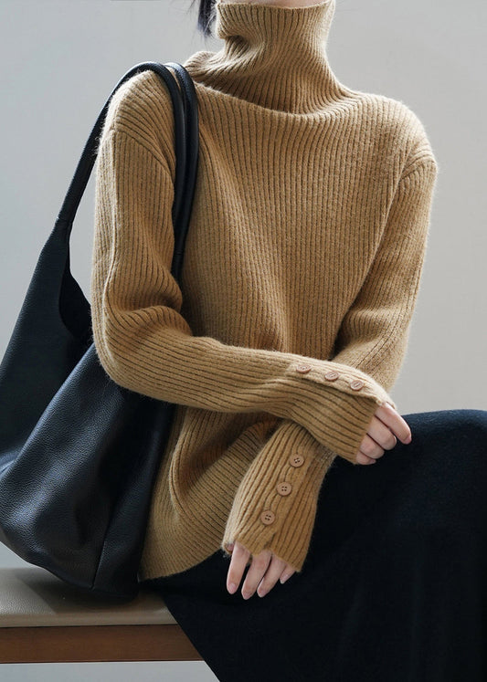 Boutique Camel Hign Neck Button Thick Knit Sweaters Fall