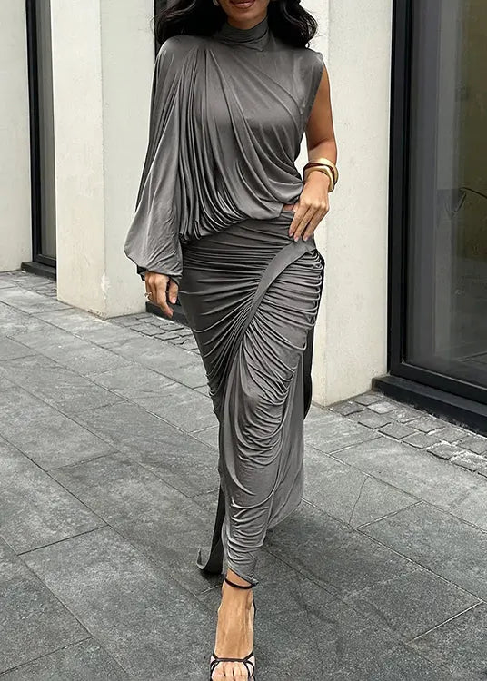 Slim Fit Grey Asymmetrical Wrinkled Tops and Skirts Two Pieces Set Fall