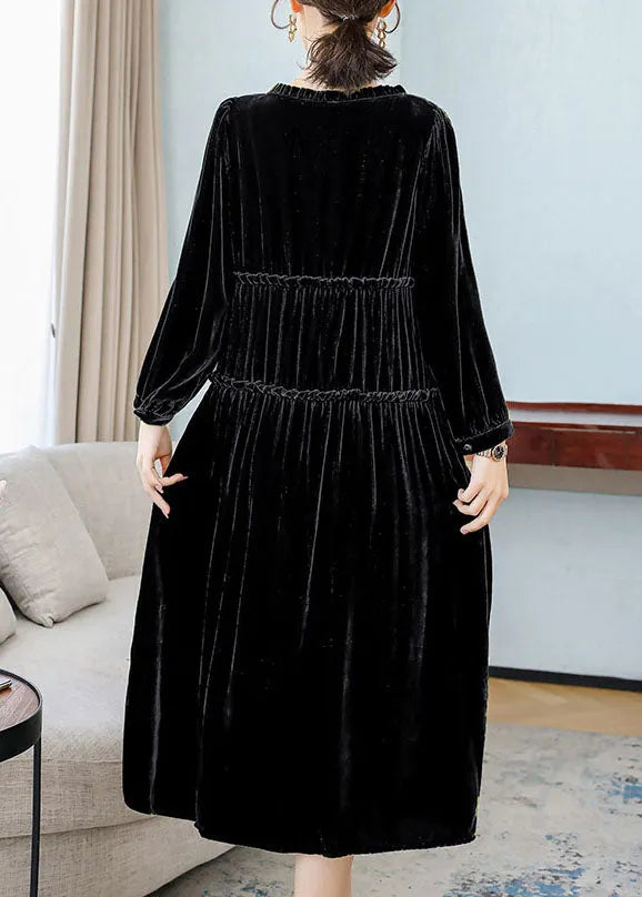 Black Patchwork Wrinkled Velour Dresses Spring